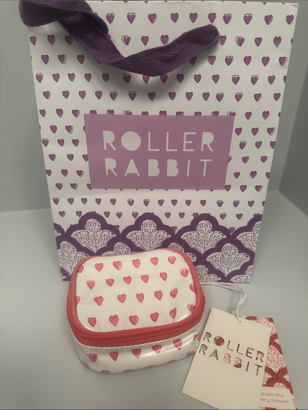 Roller Rabbit NWT & Gift Bag 🩷 Pink Hearts 🩷 Jewelry Accessory Travel Case RARE!